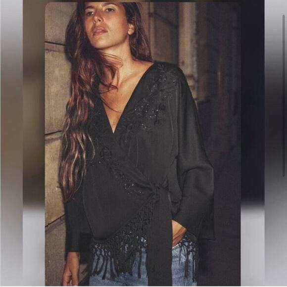Zara Black FRINGED EMBROIDERED KIMONO TOP Size Small - Picture 2 of 11